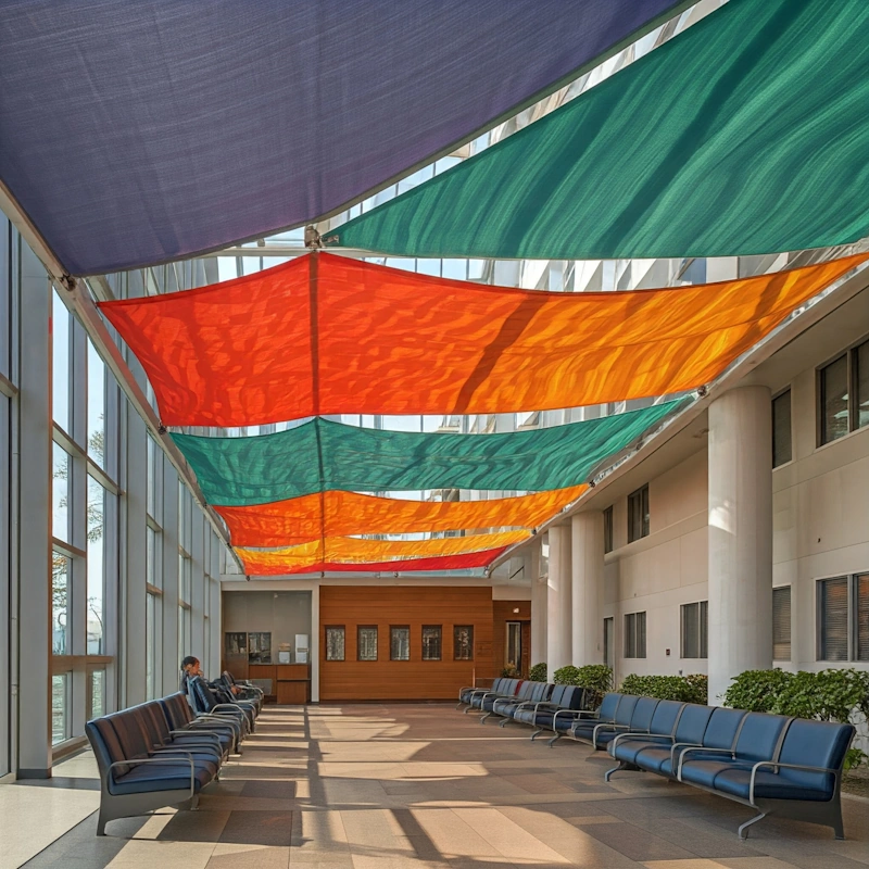 病院の待合スペースに設置されたオーニングテント