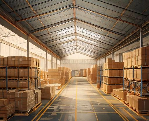 段ボールが保管されているテント倉庫