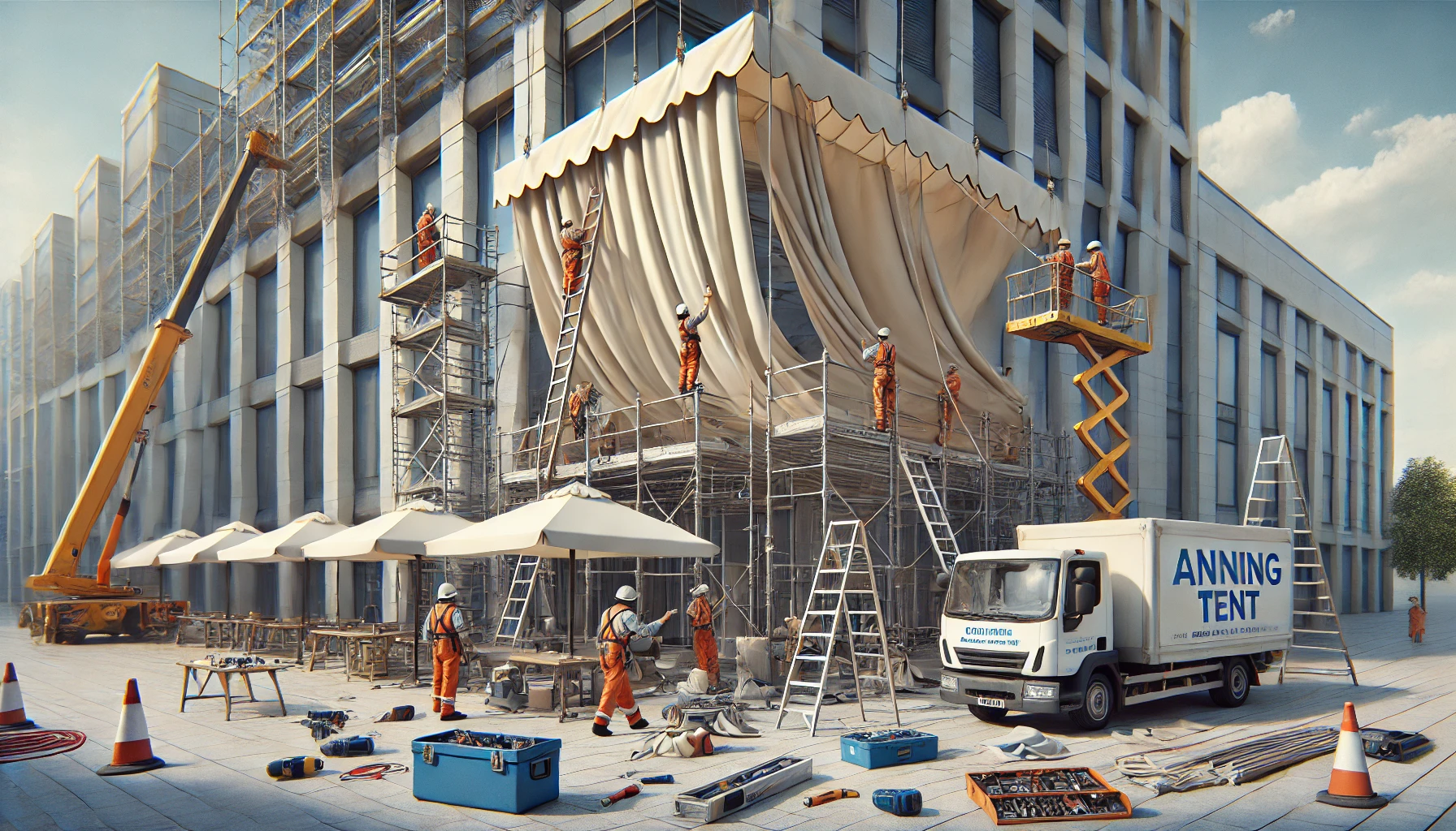 修理中のオーニングテント