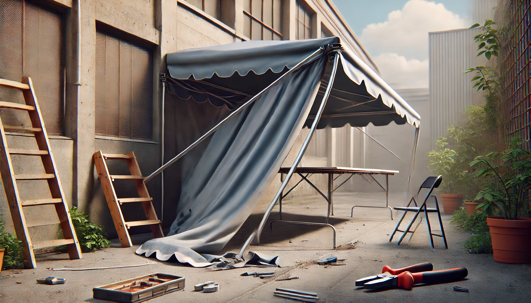 アームが壊れたオーニングテント