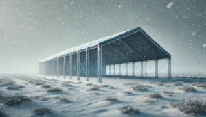 冬の雪景色が見える工業用テントの画像