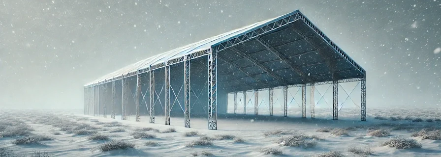 冬の雪景色が見える工業用テントの画像